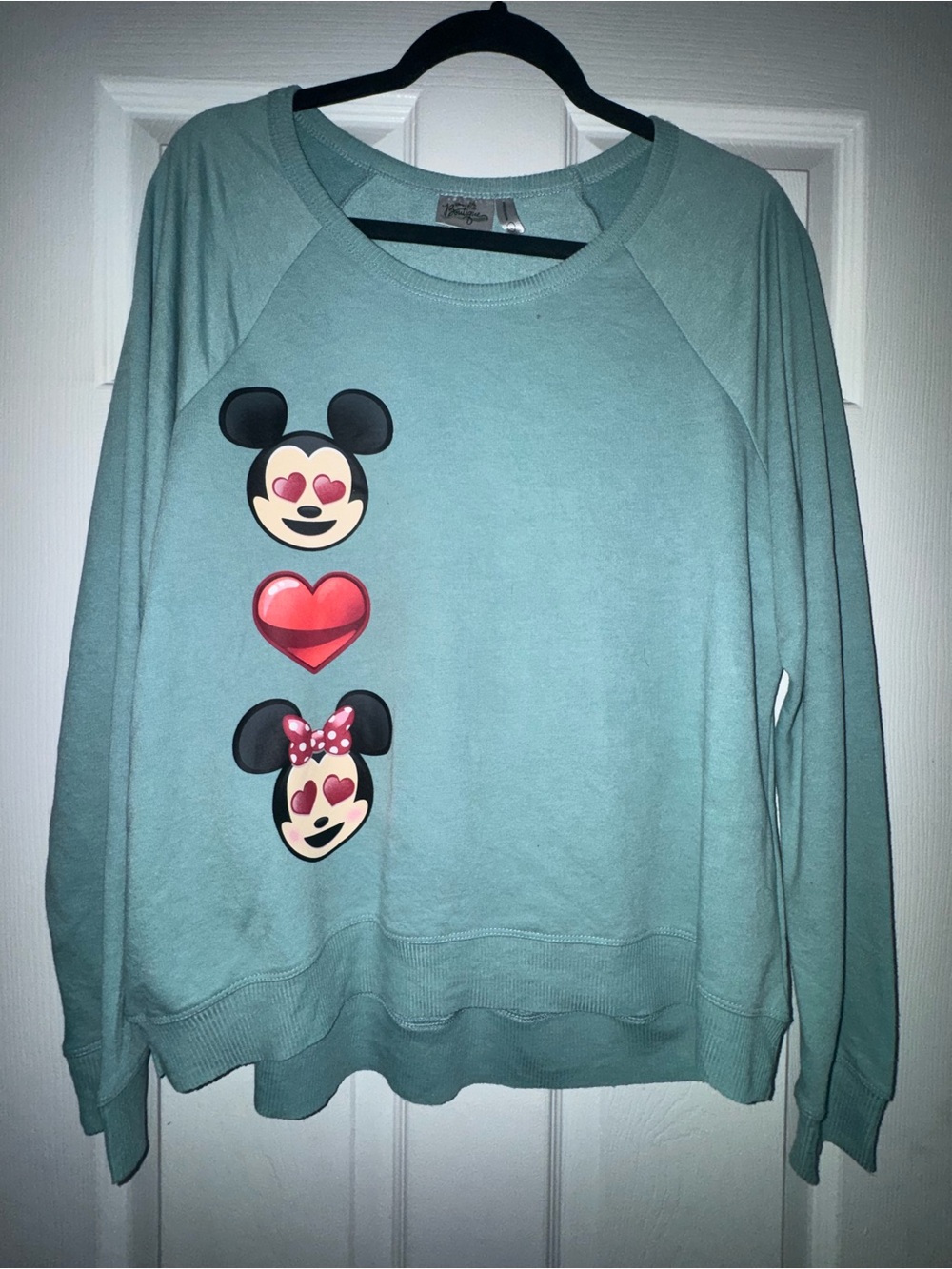 Disney Teal Crewneck Sweatshirt with Mickey, Heart & Minnie Icons